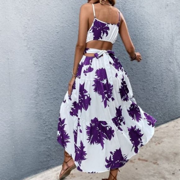 Boho purple white floral tropical print tie back maxi dress - Picture 6 of 7